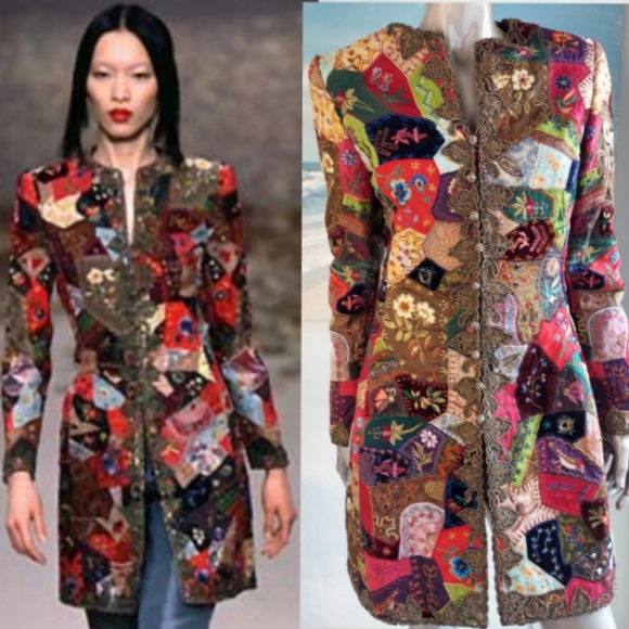 ◇$7500 OSCAR DE LA RENTA EXQUISITE GOLD PATCHWORK MULTI BEADED RUNWAY COAT S M